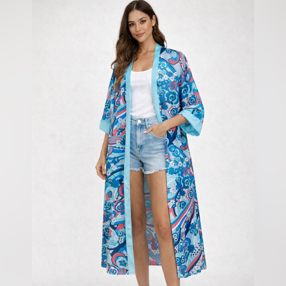 KENSIE | Aqua Blue Floral Retro Wave Print Robe Kimono Cover-up Duster Boho 60’s